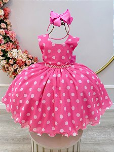 Vestido Infantil Minnie Rosa Bolinhas Brancas Festas Luxo