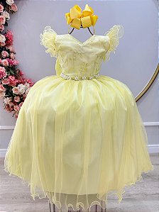 Vestido Infantil Longo Amarelo Apliques e Renda Damas