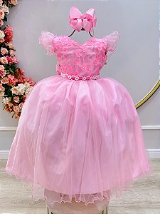 Vestido Infantil Longo Rosa Apliques e Renda Damas
