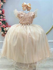 Vestido Infantil Longo Dourado Apliques e Renda Damas