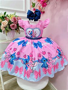 Vestido Infantil Stitch Lilo e Angel Rosa Festas