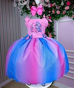 Vestido Infantil Stitch e Angel Rosa Tematico Luxo
