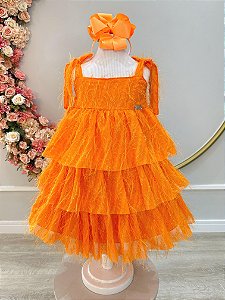 Vestido Infantil Laranja de Alça e Com Plumas Luxo