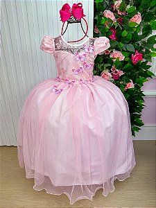 Vestido Jardim Encantado Longo Borboletas Rosa Bebe
