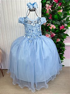 Vestido Jardim Encantado Longo Borboletas Azul Bebe