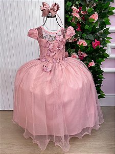 Vestido Jardim Encantado Longo Borboletas Rose