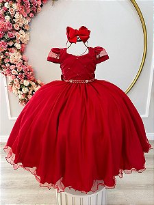 Vestido Infantil Vermelho Busto Nervura Pérolas Damas