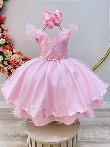 Vestido Infantil Rosa Claro Renda Luxo Festas Daminhas