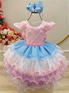 Vestido Infantil Rosa Saia Babados Coloridos Busto Nervura