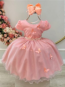 Vestido Infantil Salmão Jardim Encantado Festas Luxo