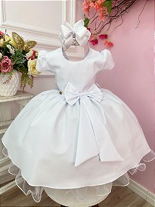 Vestido Infantil Branco Liso Aplique Laço Damas Formaturas