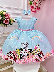 Vestido Infantil Baby Looney Tunes Azul Claro Laço Festas
