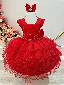 Vestido Infantil Vermelho Saia Babados e Glitter