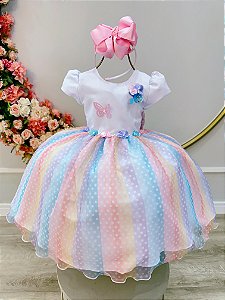 Vestido Infantil Branco Jardim Encantado Chuva de Amor Arco Iris