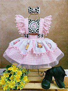 Romper Fazendinha Vaquinha Rosa Xadrez Laço Festas Luxo