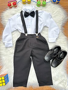 Conjunto Social Pajem Camisa Branco Calça Gravata Susp. Preto