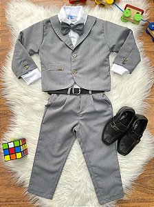 Terno Social Pajem Com Calça Gravata Cinza e Camisa Branca