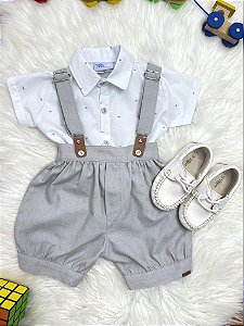 Conjunto Social Bebê Camisa Branca Short Gravata e Susp. Cinza