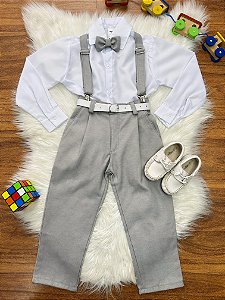 Conjunto Social Pajem Camisa Branca Calça Gravata e Susp. Cinza
