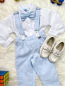 Conjunto Social Bebê Camisa Branca Calça Gravata e Susp. Azul