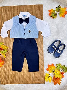 Conjunto Social Calça Colete Gravata Azul e Camisa  Branca