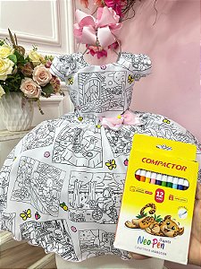 Vestido Infantil Livro Colorir Pinte e Lave + Canetinhas 12 Cores Festas