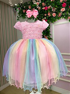 Vestido Infantil Rosa Bebe Saia Colorida Festa Luxo