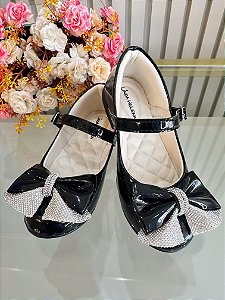 Sapatinho Infantil Preto Verniz Aplique de Lacinho Com Strass