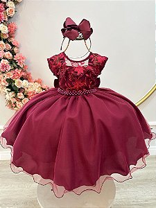 Vestido Infantil Marsala Babados e Renda