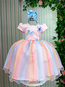 Vestido Infantil Rosa Jardim Encantado Chuva de Amor Arco Iris