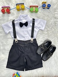 Conjunto Social Pajem Camisa Branca Short e Susp. Preto