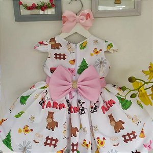 Vestido Infantil Fazendinha Fundo Branco Luxo