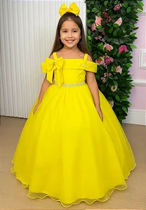 Vestido Infantil Longo Amarelo Formatura Tule Glitter Festa