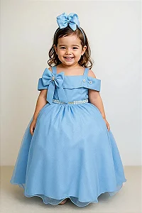 Vestido Infantil Longo Azul Bebe Formatura Tule Glitter Festa
