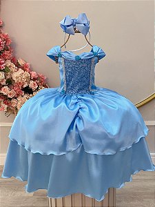 Fantasia Infantil Frozen e Cinderela Renda Azul Claro