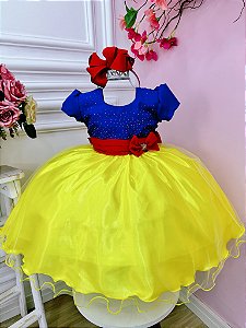 Vestido Infantil Branca de Neve Amarelo Azul Festas