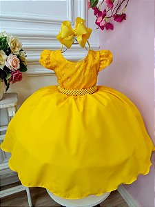 Vestido Infantil Amarelo Busto Renda e Cinto de Pérolas