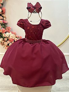 Vestido Infantil Marsala Busto Com Renda Daminha Festas