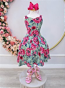 Vestido Infantil Casual Primavera Verão Verde Florido Colorido