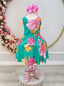 Vestido Infantil Casual Primavera Verão Verde Florido