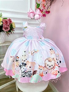 Vestido Infantil Bosque Safari Rosa Strass