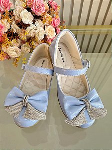 Sapatinho Infantil Azul Verniz Aplique de Lacinho Com Strass