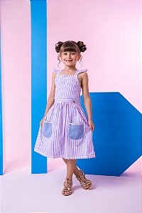 Vestido Infantil Lilás Listrado Casual Festa