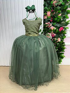 Vestido Infantil Longo Verde Militar Daminhas Casamentos Luxo