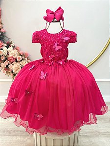 Vestido Juvenil Midi Formatura Pink Apliques Flores e Borboletas Festas