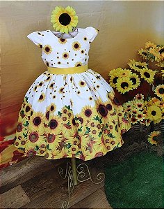 Vestido Infantil Girassol Branco Amarelo Modelo Luxo