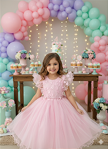 Vestido Infantil Rosa Claro Jardim Encantado Com Renda Festas Daminhas