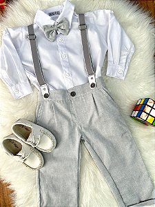Conjunto Social Pajem Camisa Branca Calça e Susp. Cinza Claro