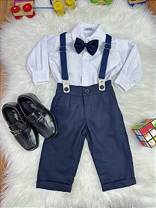 Conjunto Social Bebê Calça Suspensorio Azul Escuro e Camisa Branca