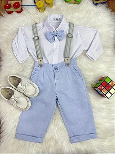 Conjunto Social Bebê Calça Susp. Azul Claro e Camisa Branca